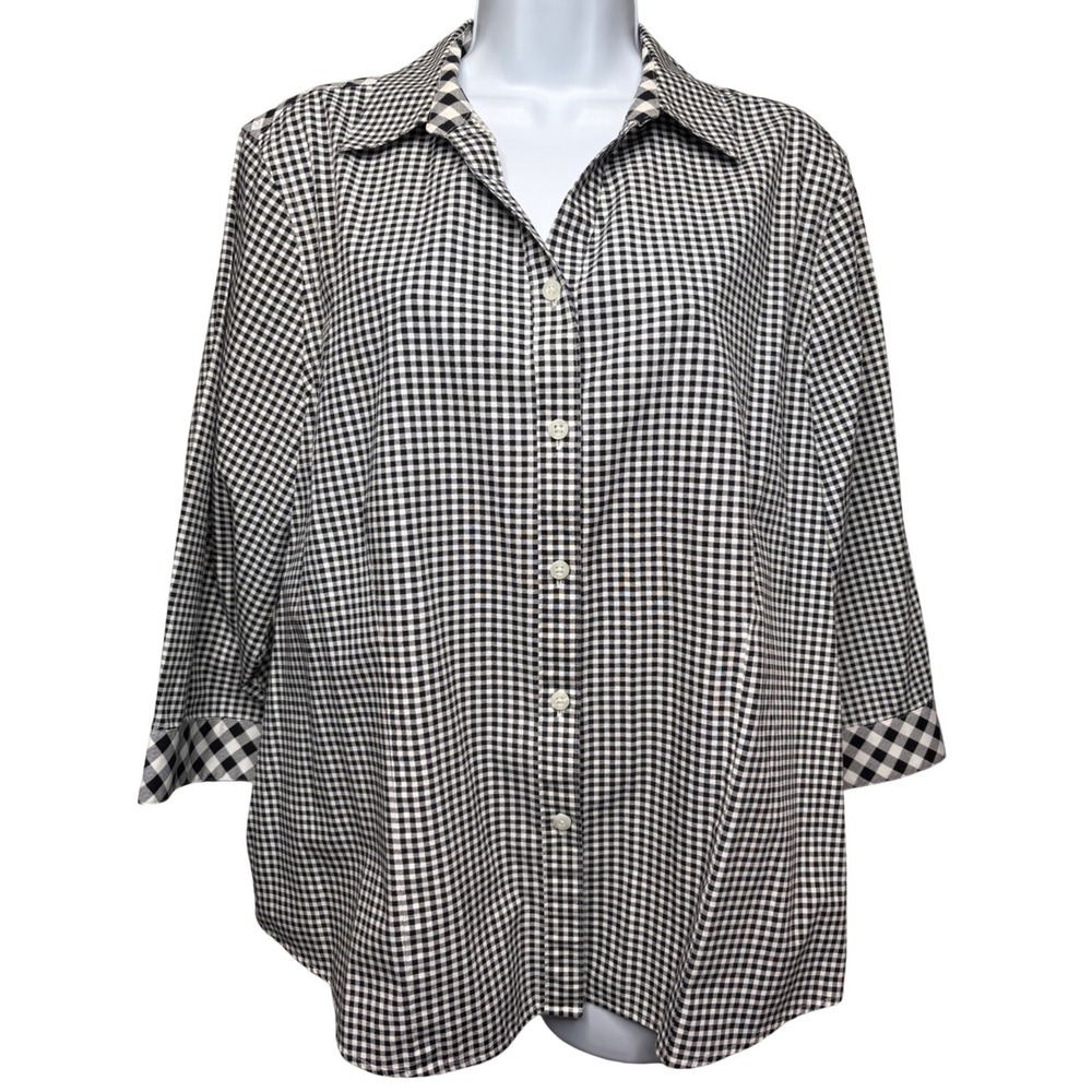 CHICO'S Womens Black Gingham Button Down Shirt Sz 3/XL Preppy Office Minimalist
